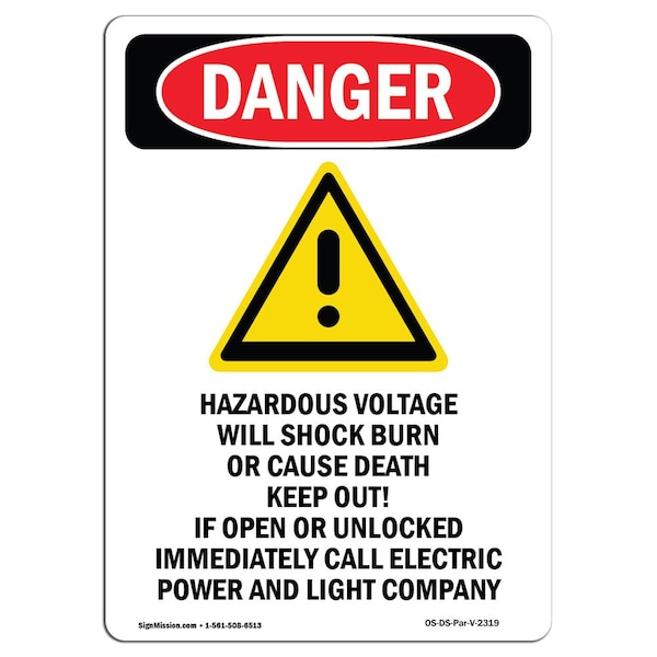Safety Sign, OSHA Danger, 24" Height, Hazardous Voltage, Portrait, D-1824-V-2319